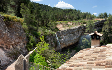 Stairs from terrace with views over the cascade